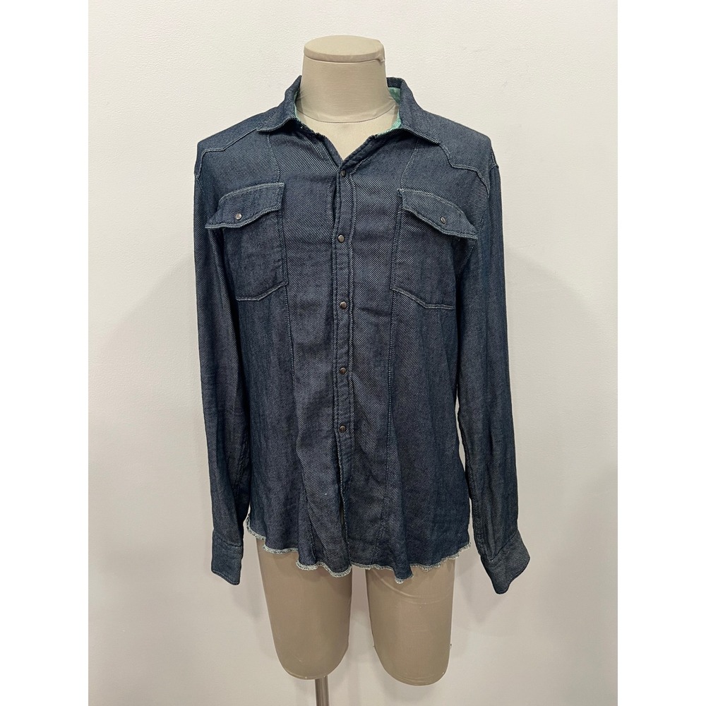Vintage Global Identity Mens Denim Western Snap Shirt Large Blue Americana Rodeo